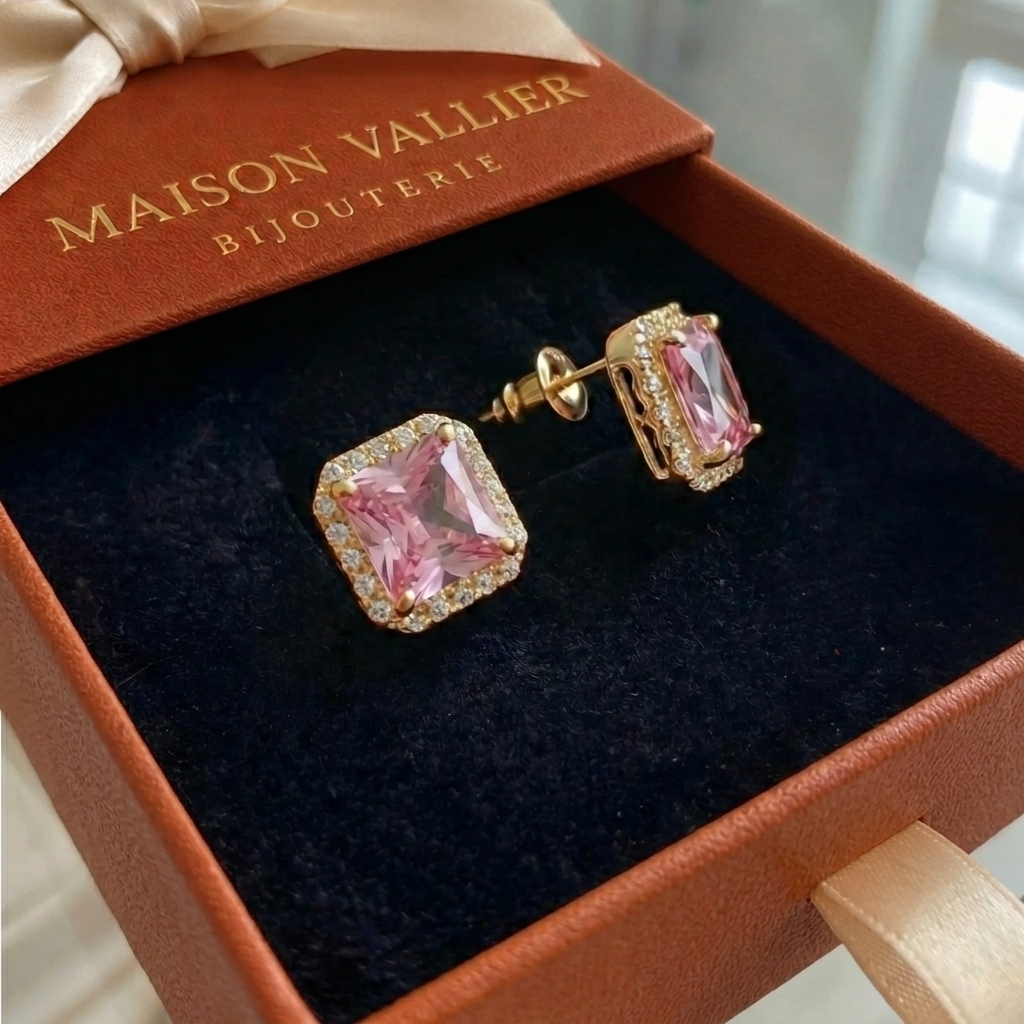 Roze saffier pavé-oorknopjes in goud