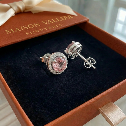 Ronde roze pavé-oorknopjes in wit goud