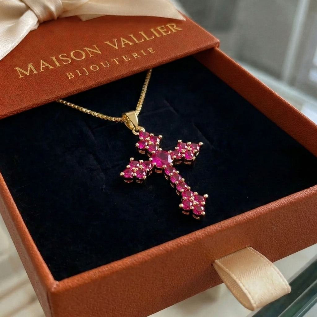 Roze kruisketting met cluster in goud