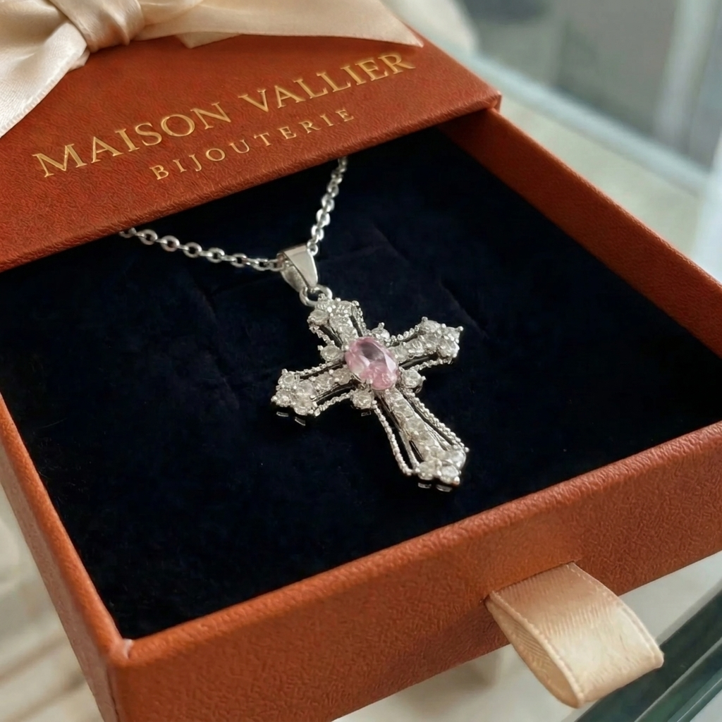 Roze hemelse kruisketting in wit goud