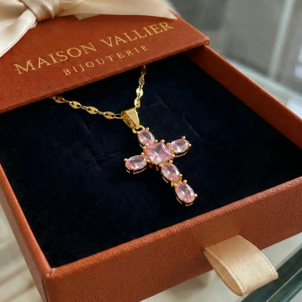 Roze kruisketting Geloof in goud