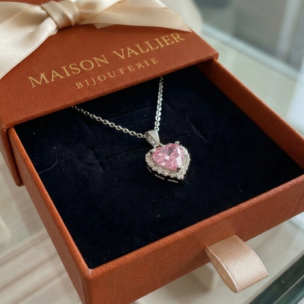 Stralende roze hartketting in wit goud