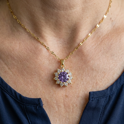 Amethist zonnebloemketting in goud