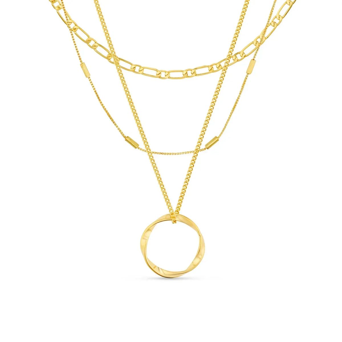 Drierijige ketting met open cirkel in goud
