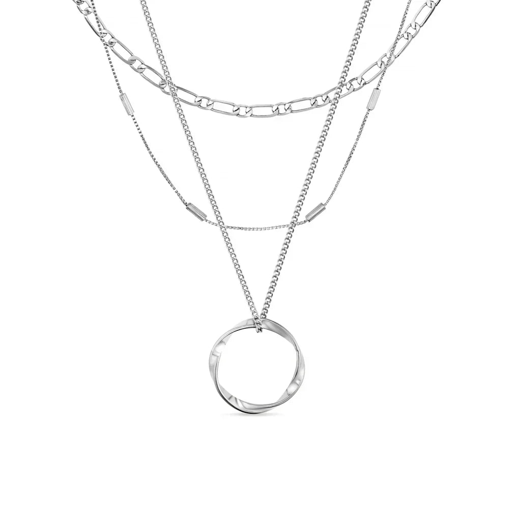 Drierijige ketting met open cirkel in wit goud