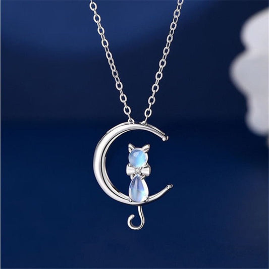 Ketting met halvemaan en maansteen-kat | Goud