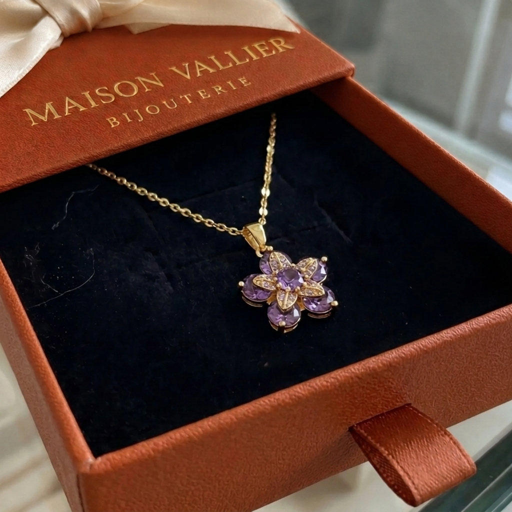 Paarse bloemenketting Amelyth in goud