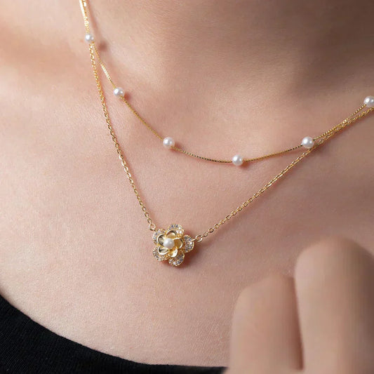 Bloemenketting met dubbele parels | Goud