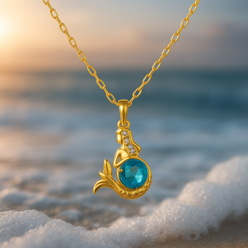 Zeemeerminketting met blauw kristal in goud