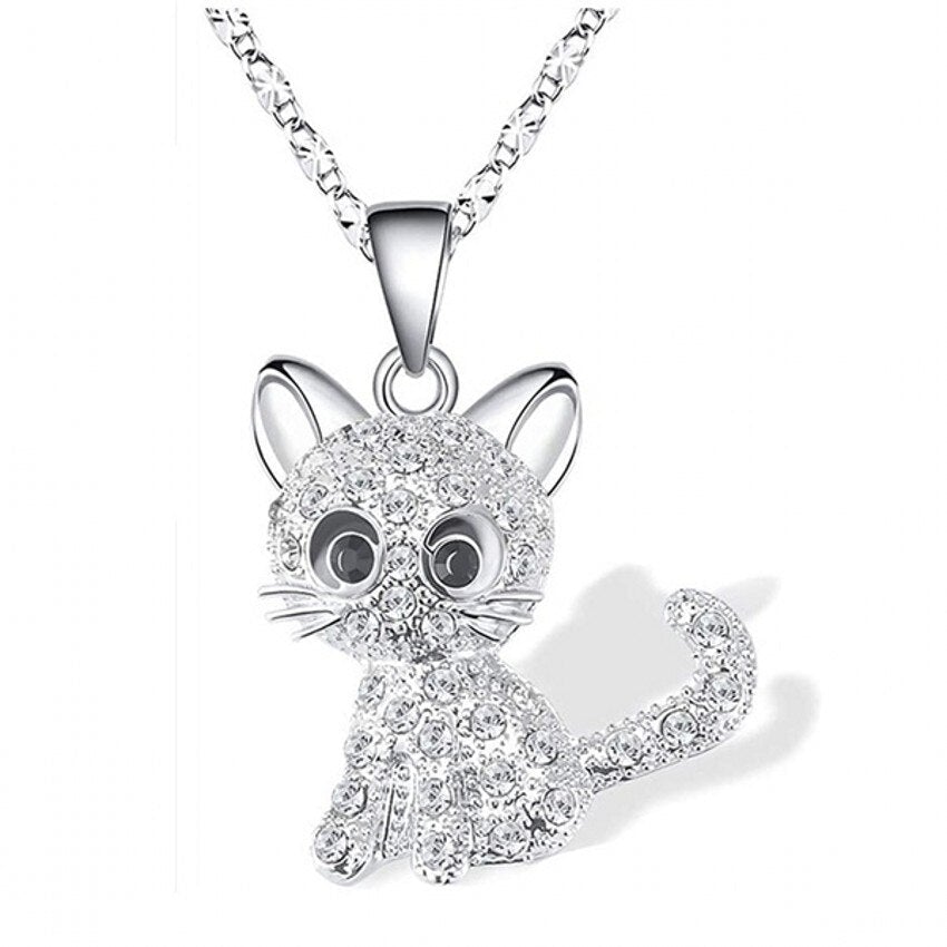 Ketting met katjes en kleurrijke steentjes in wit goud
