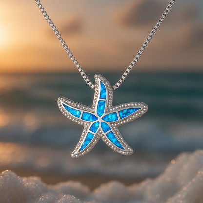 Ketting met stralende zeester en opaal in wit goud