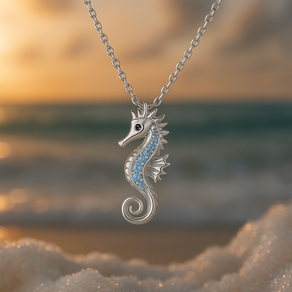Ketting met zeepaardje en opaal in wit goud