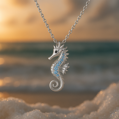 Ketting met zeepaardje en opaal in wit goud