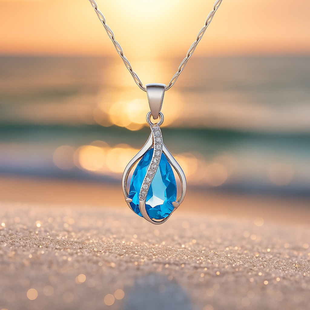 Handgemaakte druppelketting met blauwe steentjes in goud