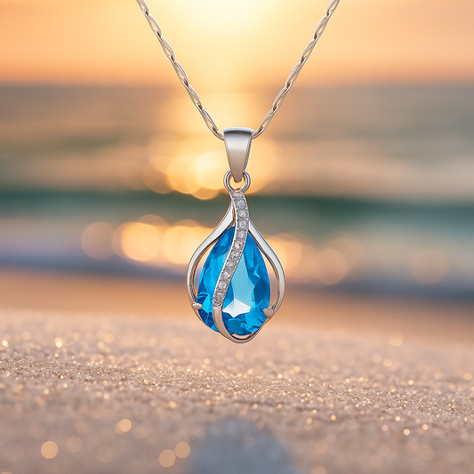 Handgemaakte druppelketting met blauwe steentjes in goud