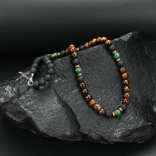 Luxe tijgeroog-kralenketting met sluiting | Goud
