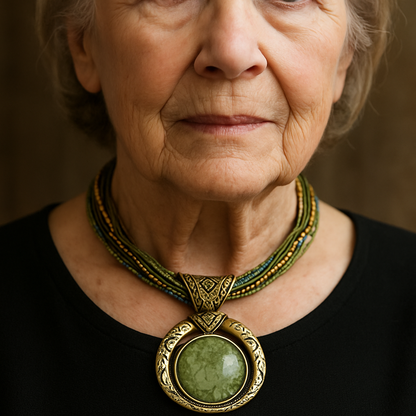 Retro ketting met etnische hanger in groen kristal | Goud