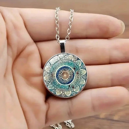 Ronde retro ketting met blauwe mandala's in goud