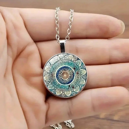 Ronde retro ketting met blauwe mandala's | Goud