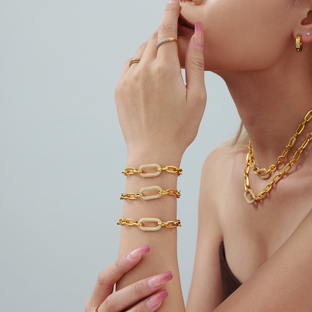 Sieradenset met dikke pavé-schakelketting in goud