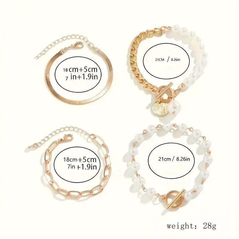 Chique armbandenset – slang, parels en schakels in goud