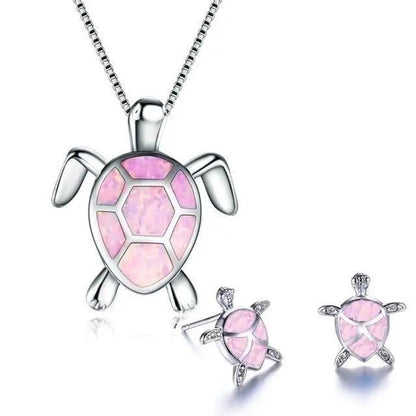 Ketting- en oorbellenset met opaal zeeschildpad in wit goud