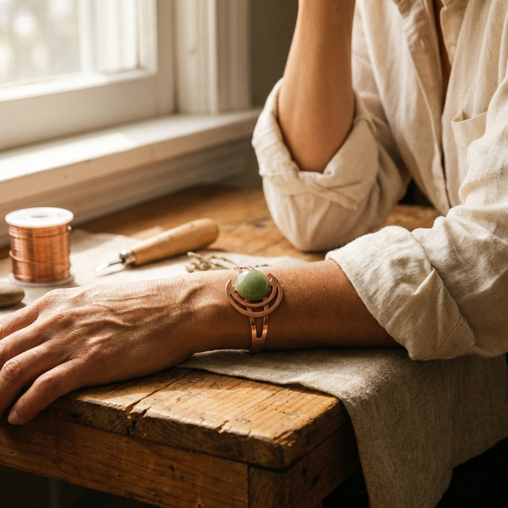 Koperen armband Groene bol