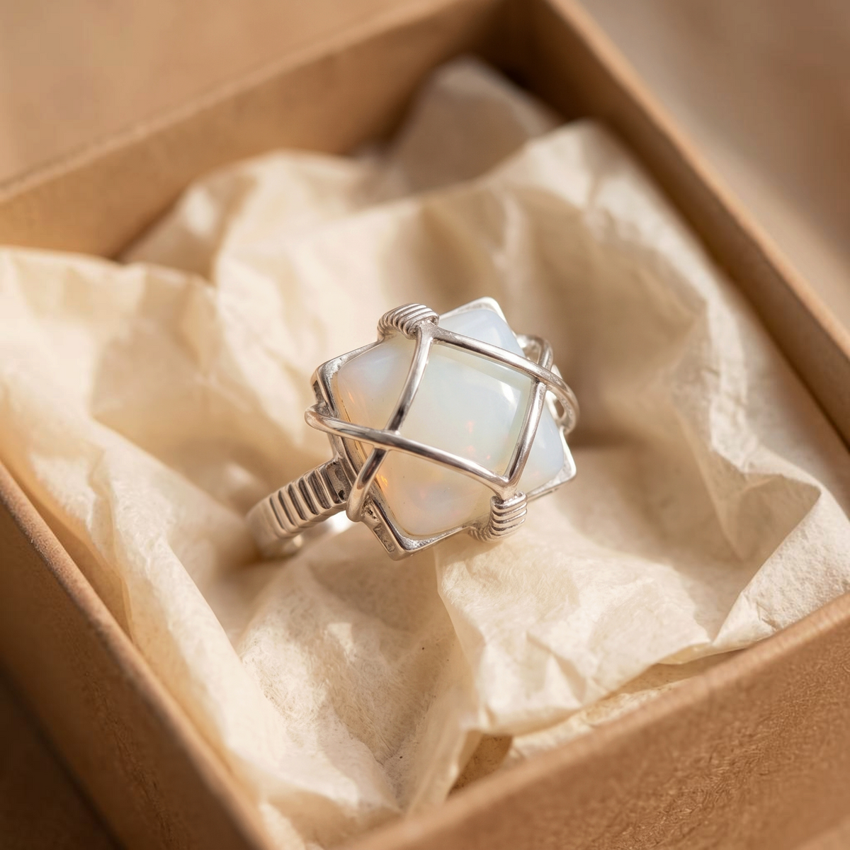 Ring met wit opaal in draadzetting | Witgoud