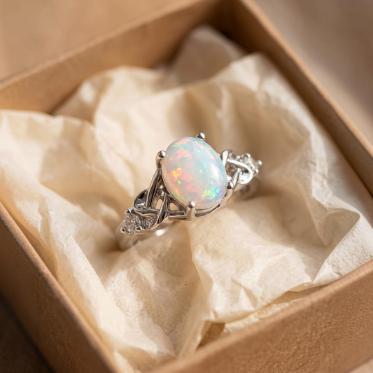 Ring met wit opaal en Keltische knopen | Witgoud