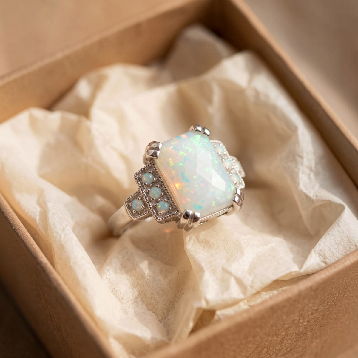 Art deco ring met wit opaal | Witgoud
