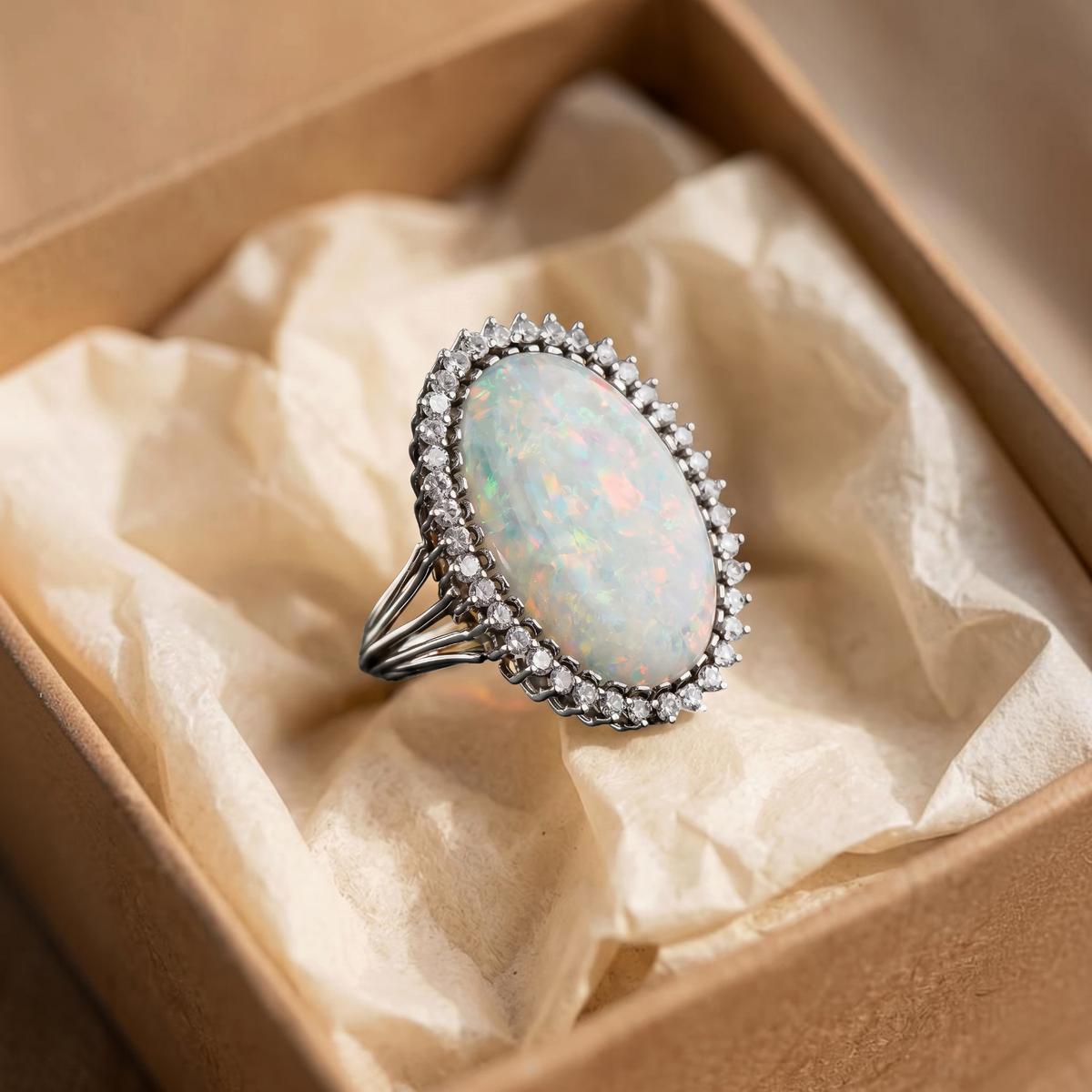 Grote ring met wit opaal omringd door kristallen | Witgoud