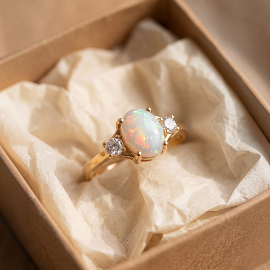 Ring met wit opaal en twee kristallen | Goud