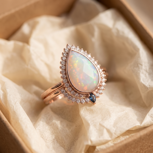 Druppelvormige ring met wit opaal | Roségoud