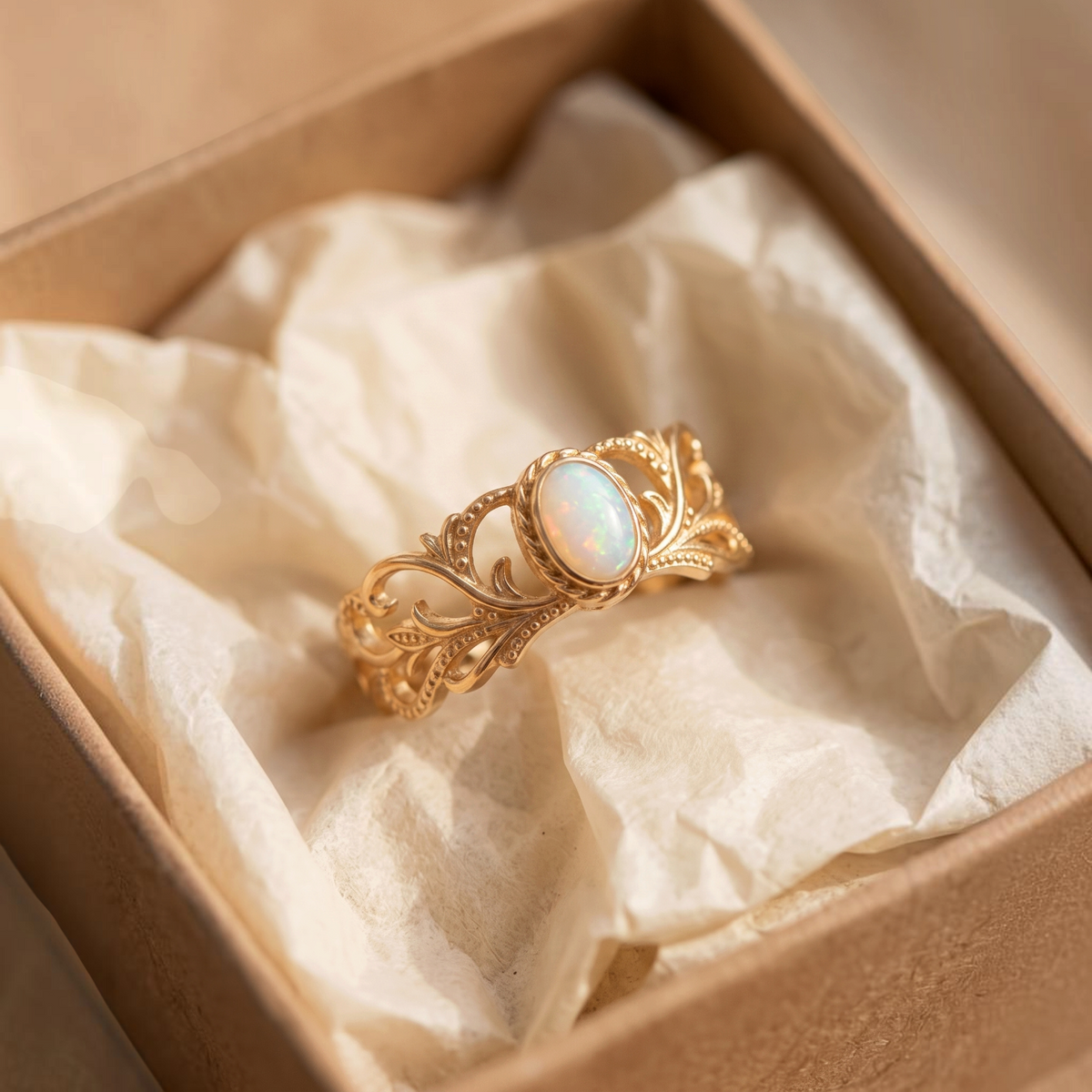 Verstelbare ring met wit opaal en bladranken | Goud