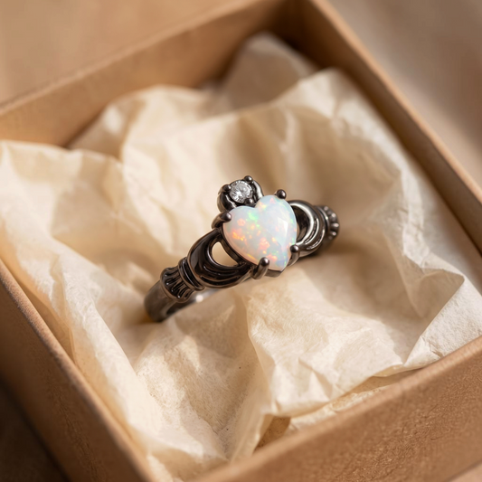 Claddagh-ring met opalen hart | Zwart goud