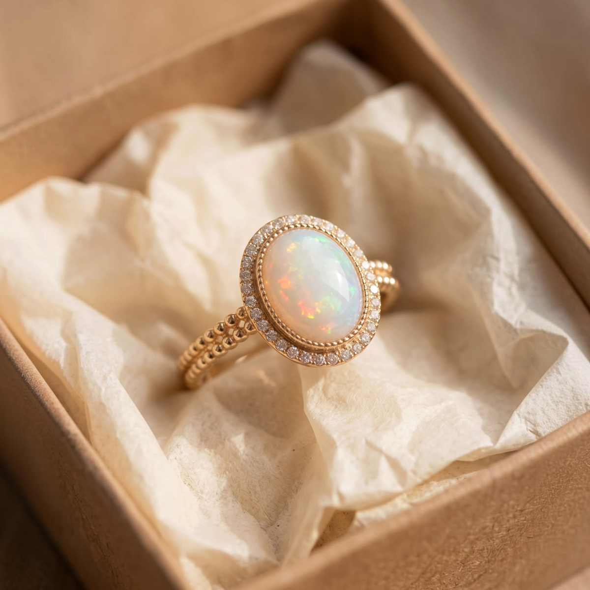 Ring met wit opaal omringd door kristallen | Goud