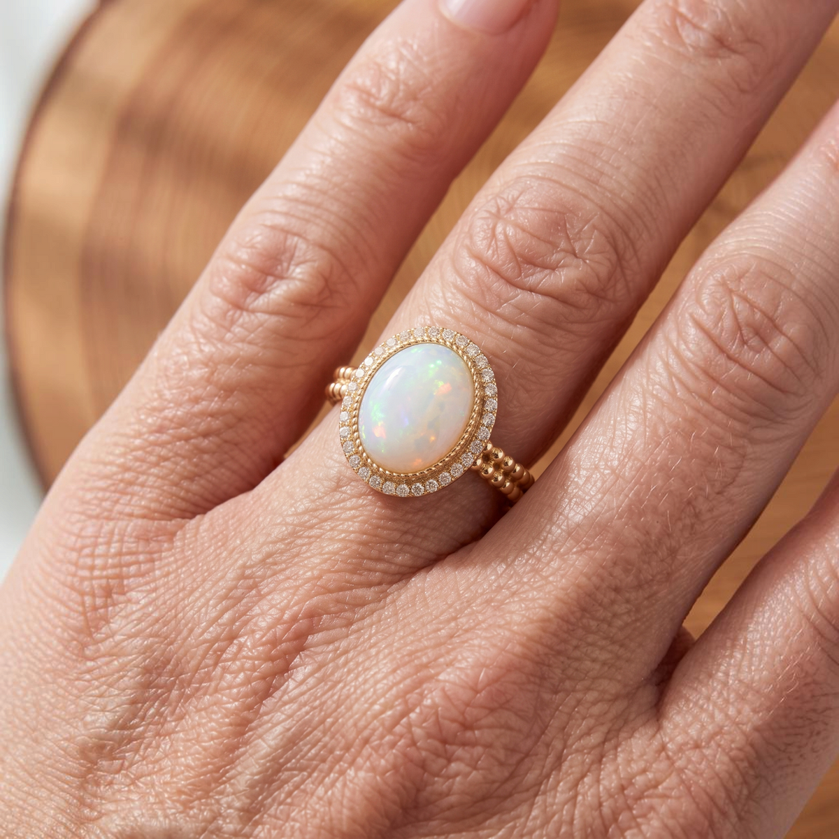 Ring met wit opaal omringd door kristallen | Goud